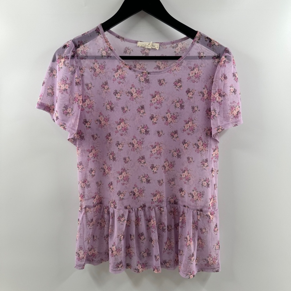 Pie in the Sky Purple Mesh Floral Babydoll Top Size Large